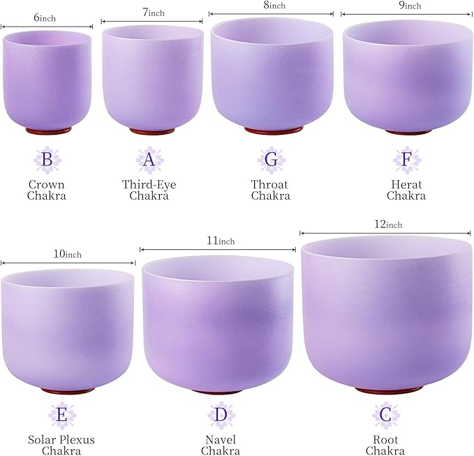 432HZ 6-12 Inch Purple Color Frosted Quartz Crystal Singing Bowls Chakra Set of 7 with Carry Case Bags for Sound Healing and Meditation