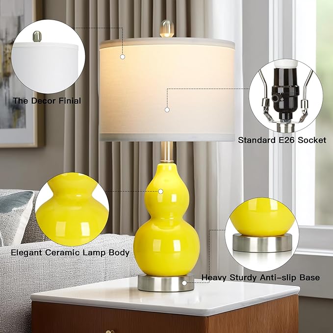 Double Gourd Ceramic Table Lamps Set of 2, Yellow Modern Bedside Lamps for Living Room, Contemporary Nightstand Desk Lamps for Bedroom End Table Home Office Decor(2 LED Bulbs Included) - Bloomnest