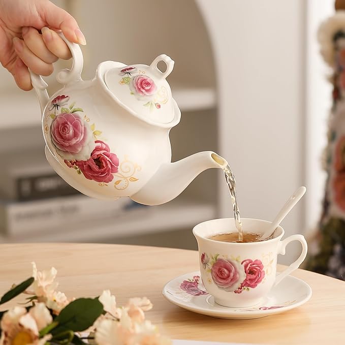 20-Pieces Porcelain Tea Sets For Women, Tea Set For Adult with Golden Metal Rack,Tea Gift Sets for Home&Party(014) - Bloomnest