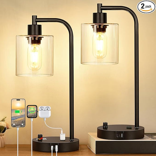 Set of 2 Industrial Table Lamps with USB Port, Fully Stepless Dimmable Bedside Lamps for Bedrooms, Nightstand Desk Lamp with Clear Glass Shade for Reading Living Room Office 2 LED Bulb Included - Bloomnest