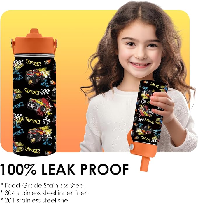 Truck Gifts for Kids - 16 Oz Kids Water Bottle with Straw Lid, Stainless Steel Insulated Tumbler, Leak Proof, BPA-Free, for Girls, School, Travel - Truck Lovers Children Birthday Gifts Cups(1pc) - Bloomnest