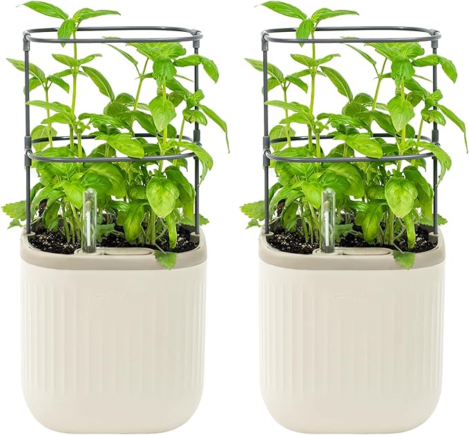 Vego garden Mini Planter Indoor Pots with Trellis Self-Watering Herb Countertop Planter for Climbing Vegetables Flowers Mint Plants Cage 2 Pack- Cream White - Bloomnest