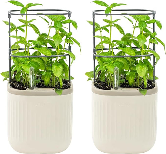 Vego garden Mini Planter Indoor Pots with Trellis Self-Watering Herb Countertop Planter for Climbing Vegetables Flowers Mint Plants Cage 2 Pack- Cream White - Bloomnest