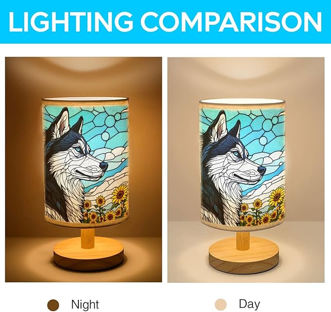 Siberian Husky Table Lamp LED 3-Color Pressed Bedside, Dog Shade Lamp with Wood Base for Bedroom Living Room Desk Office - Bloomnest