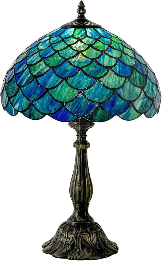 Tiffany Style Table Lamp Vintage Stained Glass Desk Lamp Sea Blue Fish Scales Bedside Reading Light Decor Bedroom Living Room Home Office D12 xH18 - Bloomnest