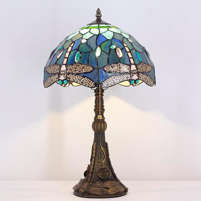 Tiffany Stained Glass Table Lamp 12X12X19 Inch Blue Dragonfly Style Desk Bedroom Living Room Reading Light (Blue Dragonfly) - Bloomnest