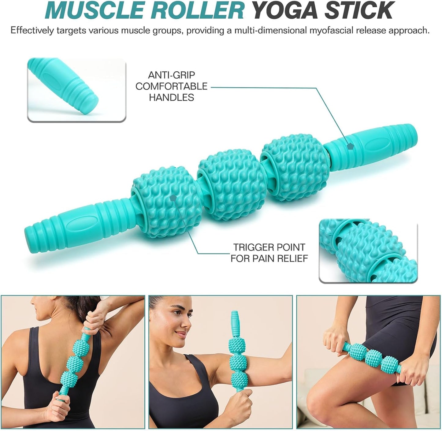 5 in 1 Foam Roller Set - Trigger Point Foam Back Roller, Muscle Roller Stick, Massage Ball, Stretching Band for Deep Muscle Massage Pilates Yoga,Fitness Exercise for Whole Body Release