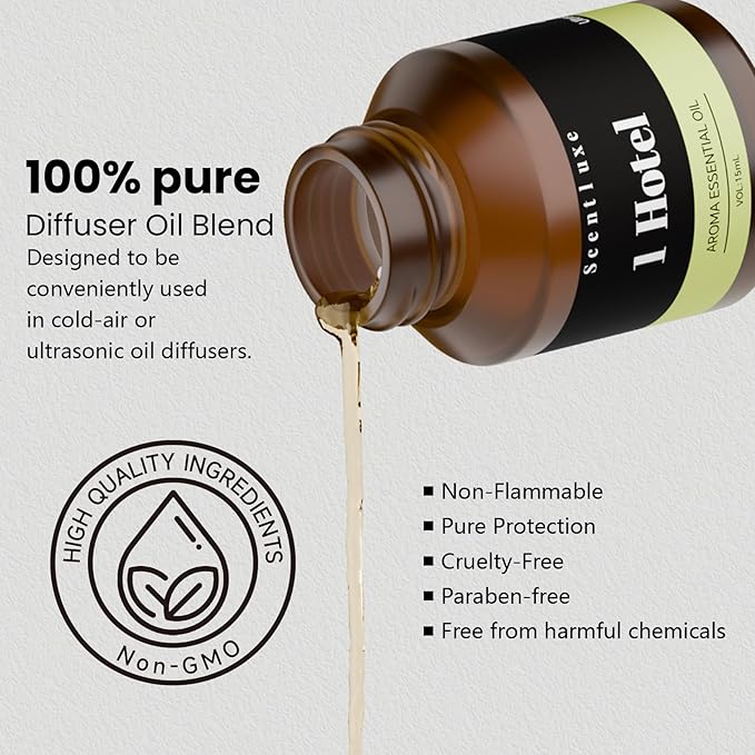 Essential Oil & Aromatherapy Diffuser Oils by The 1 Hotel Scent - Pepper, Lemon, Patchouli Notes. Premium 15mL Glass Dropper Bottle for Ultrasonic/Waterless Diffusers, Crafting 5-Star Hotel Fragrance - Bloomnest