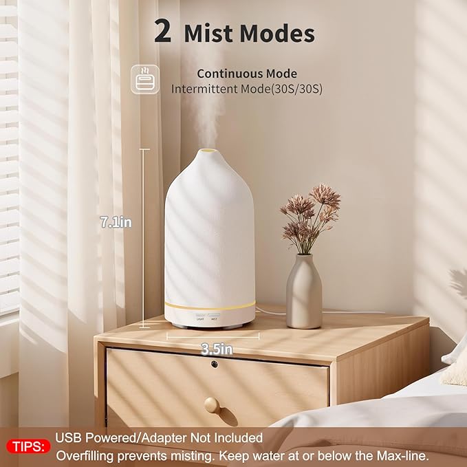 URPOWER 120ML Essential Oil Diffuser Ceramic Aromatherapy Diffuser with 7-Color LED Lights, Auto Shut-Off, 2 Mist Modes, Humidifier for Home Office Decor, Scent Diffuser for Yoga Spa - Bloomnest