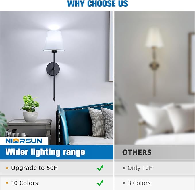 NIORSUN 19.9 inch Battery Operated Wall Sconce Set of 2,Black Rechargeable Wall Lights with 5200mAh Dimmable Detachable Bulbs and Remote,10 Colors Wireless Sconces for Bedroom Living Room Hallway - Bloomnest