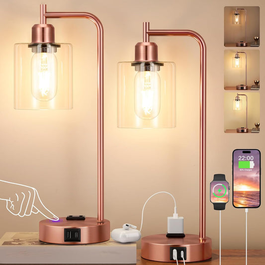 Innqoo Industrial Touch Table Lamps for Bedrooms Set of 2-3-Way Dimmable Lamps with USB C+A Ports and Outlet, Copper Bedside Lamps with Clear Glass Shade for Living Room, Desk Lamps for Home Office