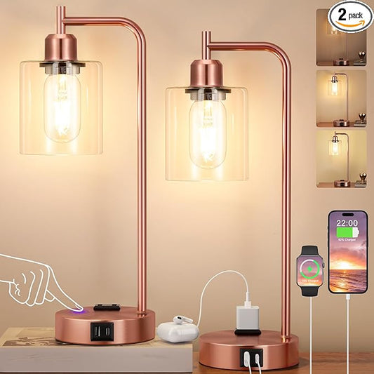 Innqoo Industrial Touch Table Lamps for Bedrooms Set of 2-3-Way Dimmable Lamps with USB C+A Ports and Outlet, Copper Bedside Lamps with Clear Glass Shade for Living Room, Desk Lamps for Home Office - Bloomnest