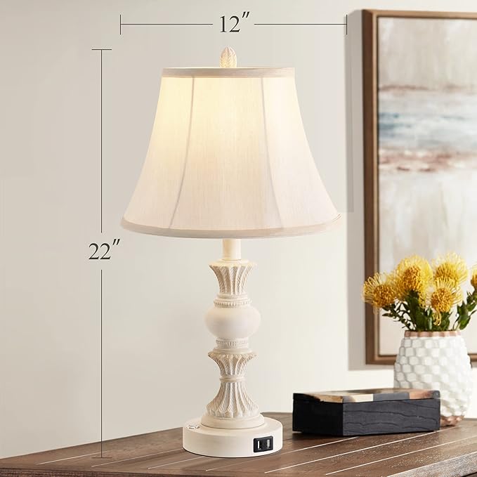 Touch Control Table Lamp Set of 2, 3-Way Dimmable Bedside Lamp with 2 USB Charging Ports, French Country Style Nightstand Lamps with Faux Silk Shade for Living Room, Bedroom - Antique White - Bloomnest