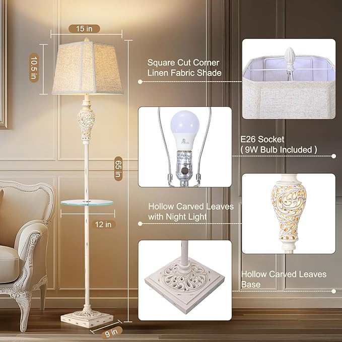 Vintage Floor Lamp with Nightlight and Glass Tray, Farmhouse Standing Lamp with White Washed Finish and Linen Shade, 65" Rustic Tall Lamp Decor for Living Room, Bedroom, Office, House (Bulb Included) - Bloomnest