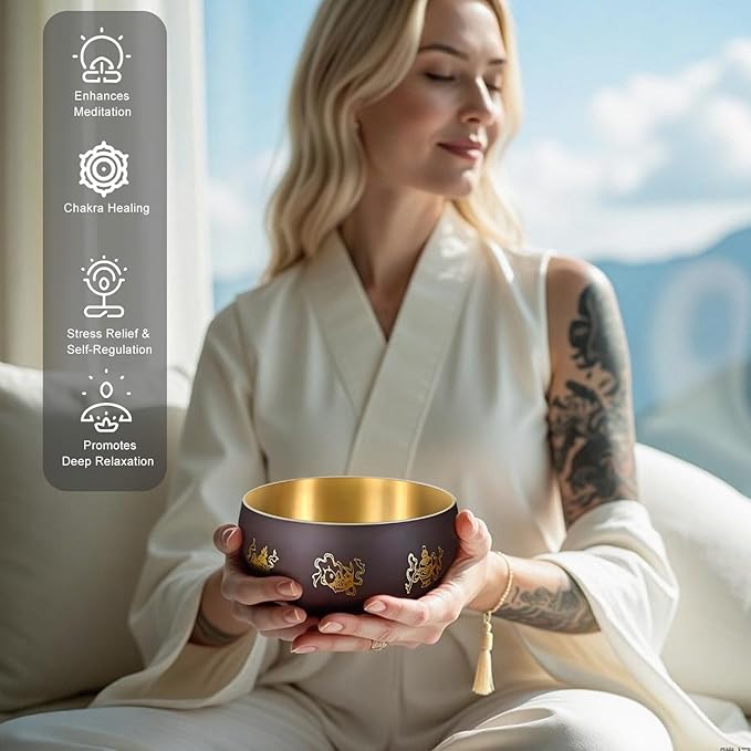 Tibetan Handmade Singing Bowl—Meditation Sound Bowl Handcrafted in Nepal with Striker &2 PC Cushion -ENHANCES YOGA, MEDITATION, PRAYER Mindfulness, and Stress Relief Unique Spiritual Gifts (4") ViLoSa