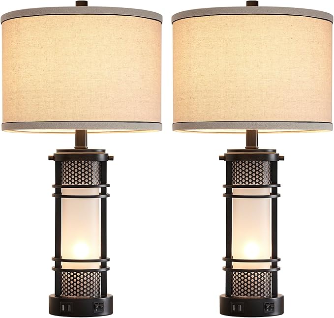 Set of 2 Modern Table Lamps for Living Room, Contemporary Nightstand Lamp with Dual USB Port, Bedside Lamps with White Frosted Glass Night Light for Bedroom, 4 Bulbs Included (Black) - Bloomnest
