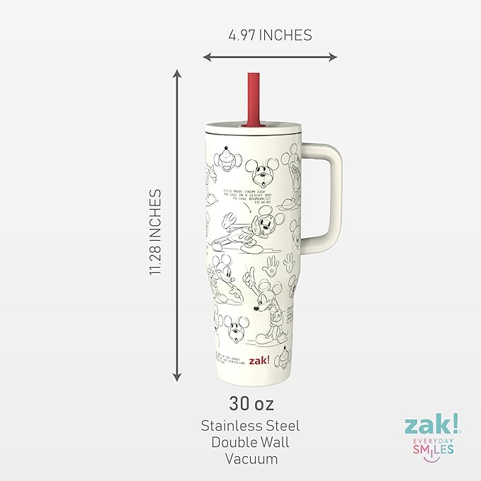 Zak Designs Disney Sutton Travel Tumbler for On the Go, 30oz Stainless Steel with Vacuum Insulation, Silicone Straw, and Carry Handle for Cold Drinks (Mickey Mouse Sketch) - Bloomnest