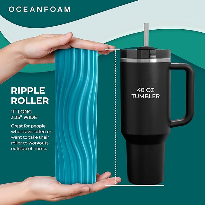Oceanfoam Ripple Travel Foam Roller (11" x 3.35") Firm Mini Foam Roller for Physical Therapy, Deep Tissue Massage, Back Pain, High Density, Ergonomic Wave Textured, Yoga, Pilate, Exercise (Miami Blue) - Bloomnest