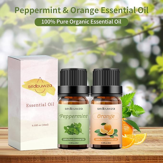 Sedbuwza Peppermint Orange Essential Oil Set, Peppermint Fragrance Oil Orange Scent Oil Set for Diffuser, Aromatherapy, Massage, Soap, Candle Making 2 x 10 ml Sedbuwza