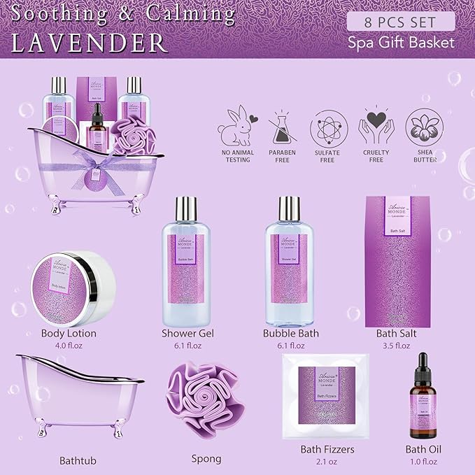 Bath Sets for Women Gift, Bath and Body Gifts Set, Lavender Spa Gift for Self Care Includes Body Lotion, Shower Gel, Bath Salts, Relaxing Bath Sets for Mom, Grandma, Girlfriend, Sister, Friends - Bloomnest