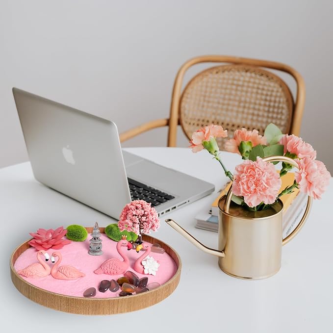 Flamingo Zen Garden for Desk - Pink Flamingo Decor, Sand Tray Therapy Kit for Desk and Office, Cute Japanese Décor Gift for Women, Mini Zen Garden for Relaxation and Stress Relief - Bloomnest