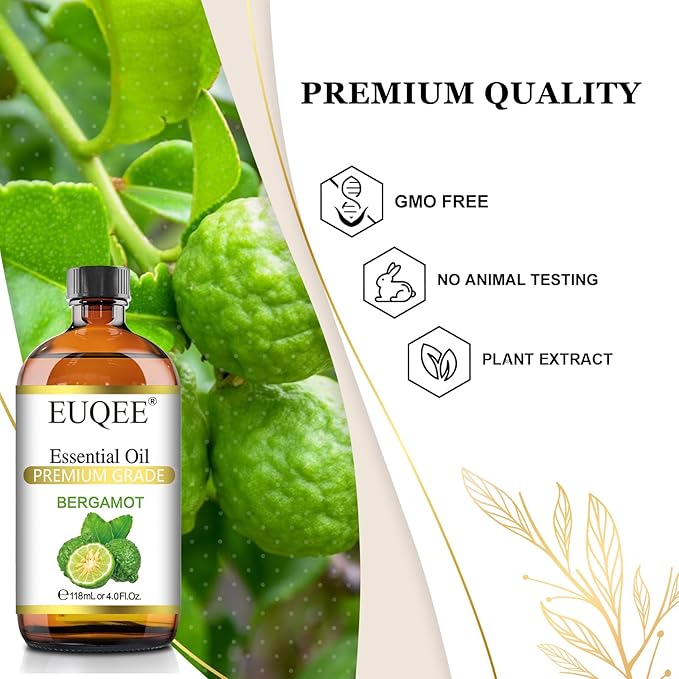 EUQEE Bergamot Essential Oil 118ml Pure Bergamot Oil for Aromatherapy, Diffuser, Sopa Candle Making, Large Bottle with Gift Box -4 fl.oz - Bloomnest