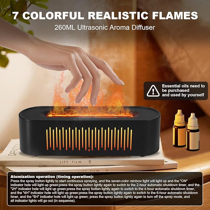 Volcano Humidifier Flame Fire Diffuser: 260ml Super Quiet Essential Oil Diffuser with 7 Colors Flame Light Spray Scent Humidifier with Waterless Auto Shut-Off Protection for Yoga Gym (Black) MINGPINHUIUSFeatured