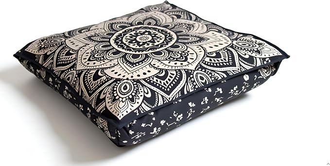 24" Black Gold Flower Mandala Barmeri Large Floor Pillow Cover Cushion Meditation Seating Ottoman Throw Cover Hippie Decorative Zipped Bohemian Pouf Ottoman Pom Pom Cases 24 " square - Bloomnest