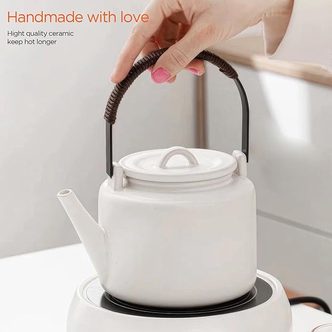 Small Stove Safe Ceramic Teapot with Cold Touch Curved Handle (27oz) - Hand-Glazed Finish - Suitable for Boiling Water and a Variety of Teas and Herbs - Matte Black-White - Bloomnest