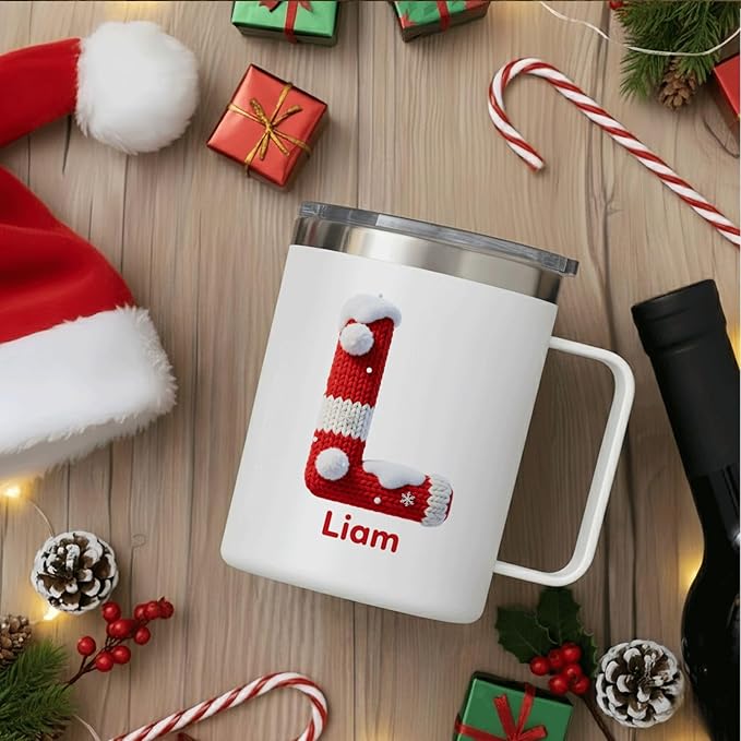 Personalized Christmas Mug with Name, 12oz Insulated Coffee Tumbler with Handle, Custom Cozy Knit Sweater Initial Cup, Festive Holiday Xmas Gift for Men & Women (B08) - Bloomnest