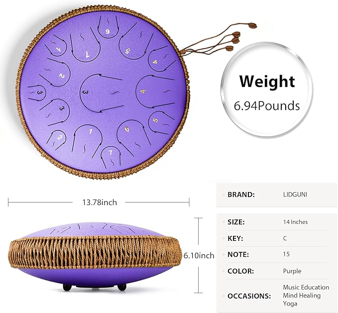 Steel Tongue Drum - 14 Inch 15 Note Tongue Drum - Hand Pan Drum with Music Book, Handpan Mallets and Carry Bag, C Major, Purple - Bloomnest