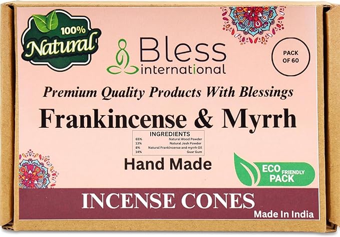 Bless International Frankincense-and-Myrrh 100%-Natural-Incense-Cones Handmade-Hand-Dipped Organic-Chemicals-Free for-Purification-Relaxation-Positivity-Yoga-Meditation The-Best-scents (60 Count)