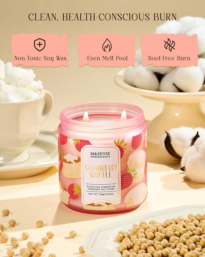 M&SENSE Strawberry Souffle Scented Candle, 11.6oz Natural Soy Wax Non Toxic, 2 Wick Jar Candle, Up to 70 Hours Clean Burn, Gifts for her to Creat a Sweet Ambiance - Bloomnest