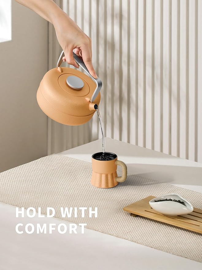 Toptier Teapot with Removable Infuser, Cast Iron Tea Kettle Stovetop Safe, Solid Geometry Cylinder Design Tea Pot Coated with Enameled Interior for 27 Ounce (800 ml), Yellow to Orange - Bloomnest