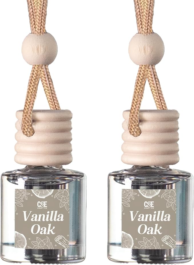 C&E Craft Co Hanging Car Air Freshener Diffuser 2 Pack, Long Lasting Fragrance Oil Car Freshener, Glass Bottle Auto Air Freshener, Made in USA (Vanilla Oak) - Bloomnest