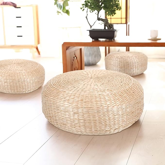 Round Hand-Woven Meditation Floor Pillow Seat for Adults, Big Thick Straw Tatami Floor Cushion for Living Room (19.3x19.3x7.8) - Bloomnest