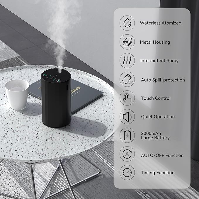 Waterless Essential Oil Diffuser Aromatherapy Scent Diffusers for Home Large Room, Bedroom, Car, Office, Desk, Battery Operated Mini Portable Air Freshener (Black) - Bloomnest