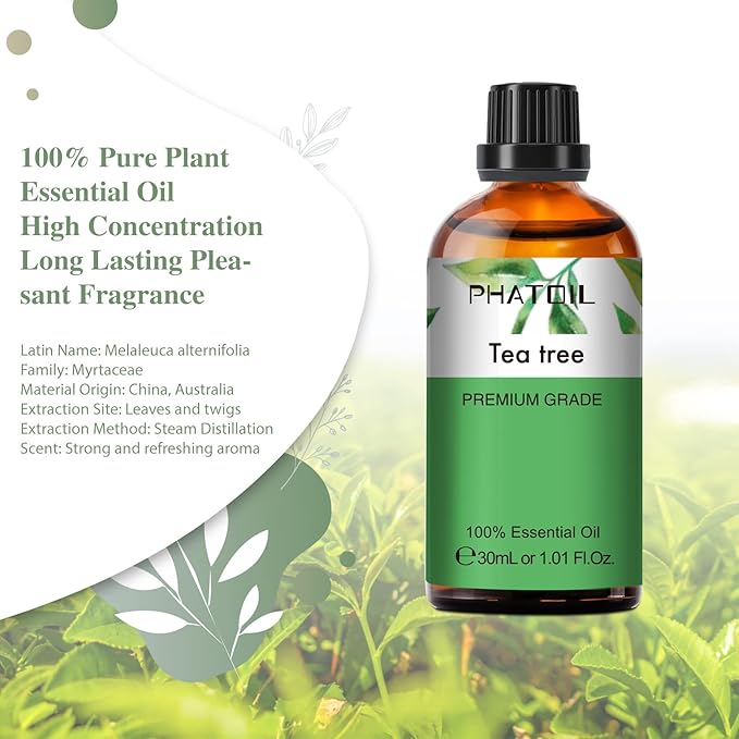 PHATOIL 1.01FL.Oz Tea Tree Essential Oil, for Aromatherapy Diffusers, Humidifiers, Great for DIY Candle and Soap Making, Gift for Friend(30ML) PHATOIL