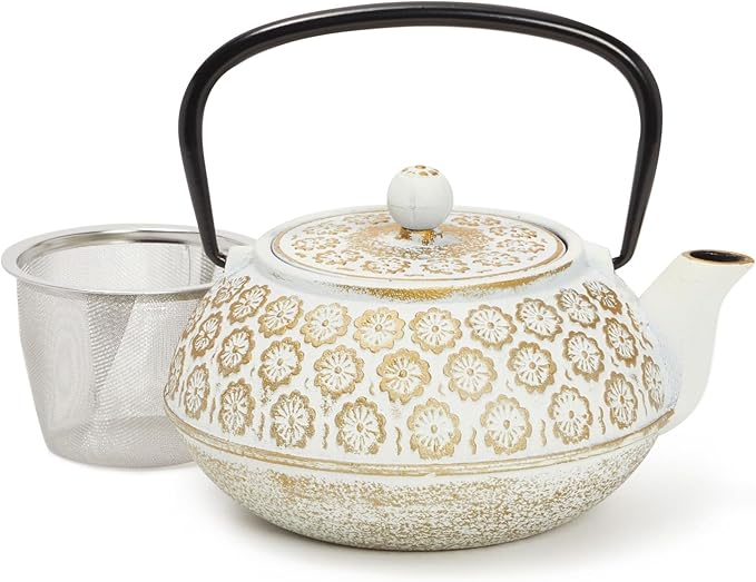 Juvale Floral Cast Iron Teapot - 34 oz, White - With Stainless Steel Infuser & Warmer - Japanese Kettle for Loose Leaf Tea - Stovetop Infuser Kettle