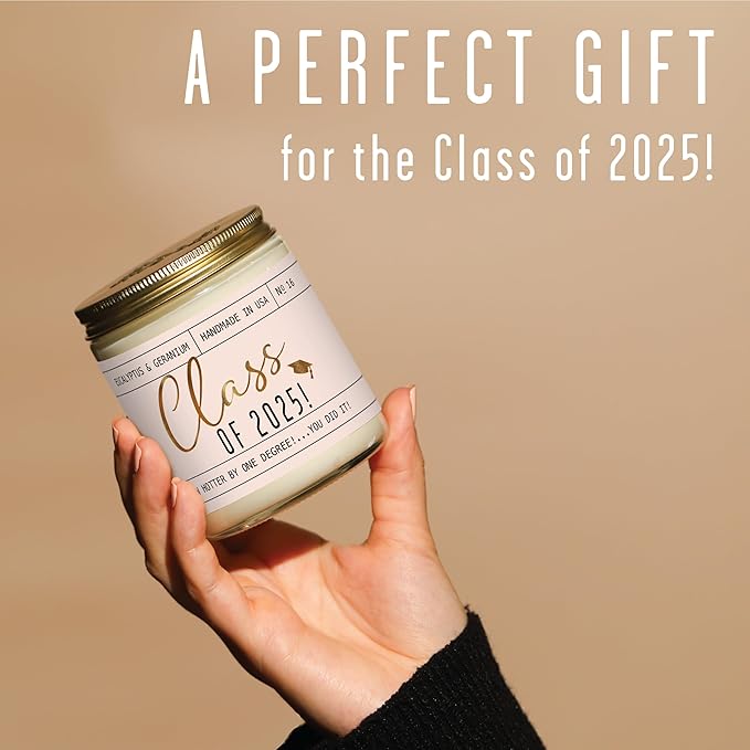 Graduation Gifts for Her "Class of 2025" Soy Candle, w/Eucalypus & Geranium I College Graduation Gifts for Her I 2025 Graduation Gifts I 9oz Reusable Jar, 50Hr Burn, Made in USA - Bloomnest