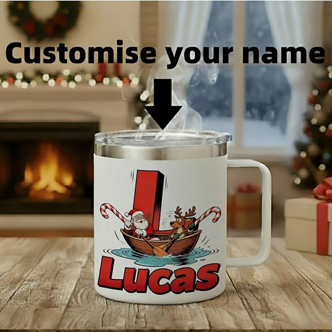 JugJug Personalized Christmas Mug with Initial & Name - Funny Rowing Santa & Reindeer 12oz Insulated Coffee Cup with Lid - Xmas Gifts for Kids, Boys (B156) - Bloomnest