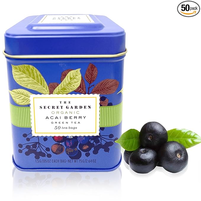 Organic Ceylon Acai Berry Green Tea - 50 Packets - Natural Antioxidant Rich Herbal Leaf Teabags - USDA Certified 100% Non-GMO - Caffeinated Designer Gift Tin - Bloomnest