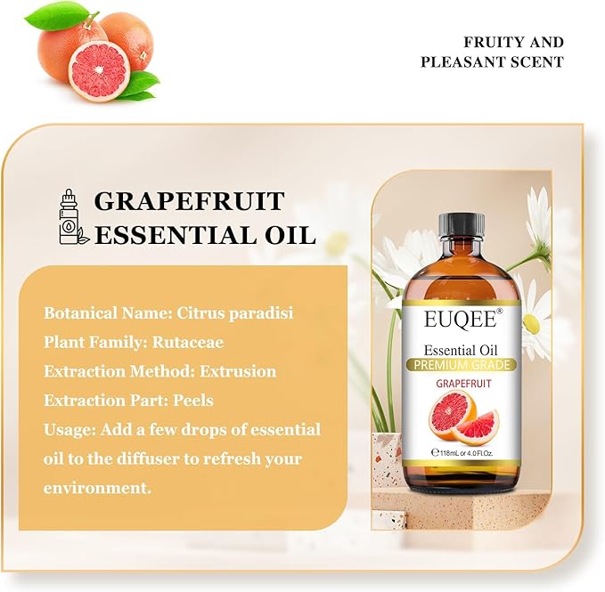 EUQEE Grapefruit Essential Oil 118mL Pure Grapefruit Oil, Large Capacity Essential Oil with Glass Dropper for Diffuser, Aromatheraphy, DIY Soap (4fl.oz) - Bloomnest