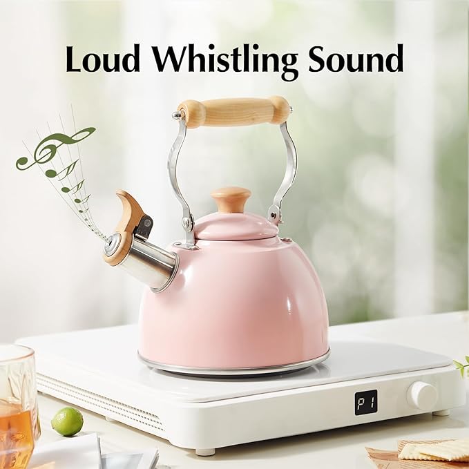 ROCKURWOK Tea Kettle, Tea Pot with Cool Touch Ergonomic Handle, Teapot Food Grade Stainless Steel, Tea Kettle Stovetop, Kettle Teapot, Whistling Tea Kettles, Small Tea Pot, 1.6 Quart (Pink) - Bloomnest