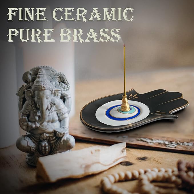 Ceramic Hamsa Hand Incense Holder - 2 in 1 Brass Incense Holder for Sticks and Coil Incense- Zen Decor with Hand of Fatima Design Protection from Evil - 6.2" L X 4.5" W (Blackeye) - Bloomnest