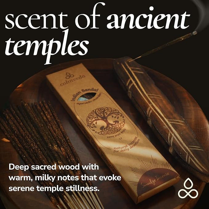 Ayurvedic Sandalwood Incense Sticks Natural - for Meditation Incense (24+ Smudge Sticks, 9 Inches) Thick Resin Natural Incense with Indian Sandalwood | Auspicious Spiritual Incense for Calming Self CalmvedaIncenseAromatherapy