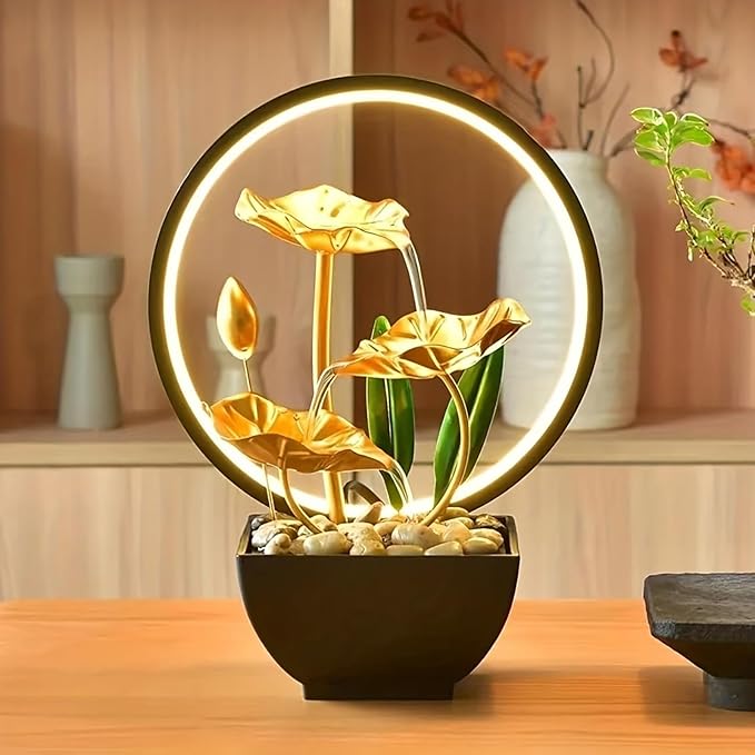 Tabletop Water Fountain with Led Light, Gold Lotus Waterfall Fountain Indoor 11 in USB Powered Flower Waterfall Zen Table Fountains with 1 Replacement Water Pump - Bloomnest