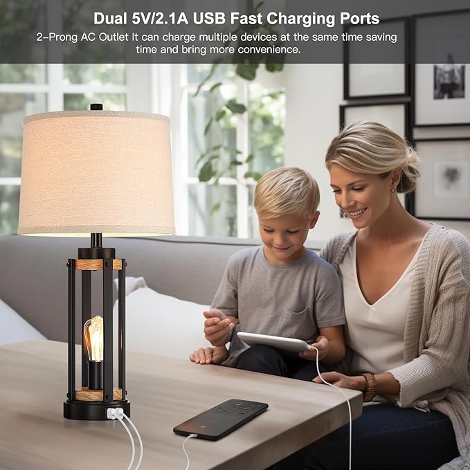 Farmhouse Table Lamps for Living Room Set of 2, 26” Rustic Beside Lamps with USB Charging Ports and Night Light, Bedroom Nightstand Lamp Vintage Reading Lamps for End Table,Bulbs Included - Bloomnest
