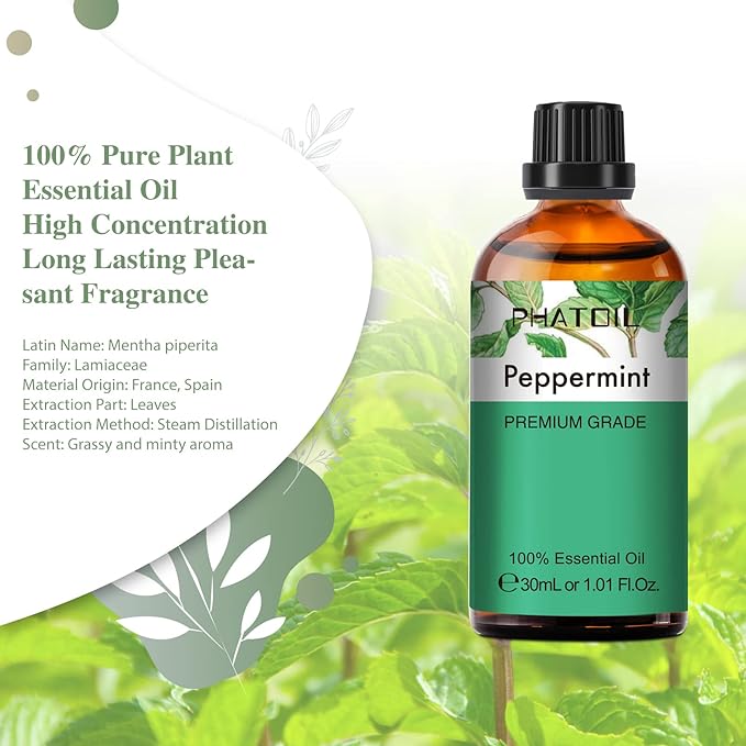 Peppermint Essential Oil, 1.01Fl.Oz (30ML) PHATOIL Pure Essential Oil Singles for Aromatherapy Diffusers, Humidifiers, Great for DIY Candle and Soap Making, Gift for Friend - Bloomnest