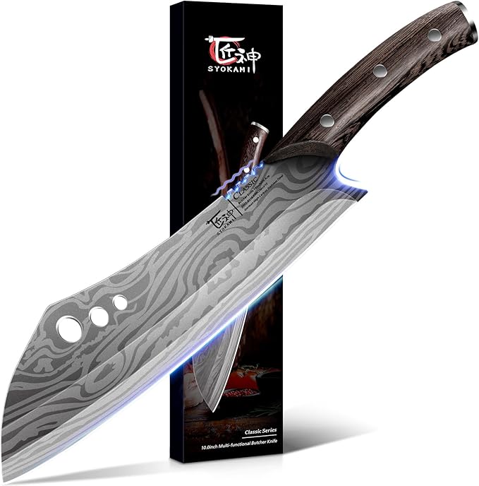 Butcher Knife, 10 Inch Meat Cleaver Chef Knife with Herb Stripper, Japanese Style High Carbon Steel Kitchen Knife for Chopping & Slicing, Damascus Pattern Full Tang Wood Handle Ideal for Gift - Bloomnest
